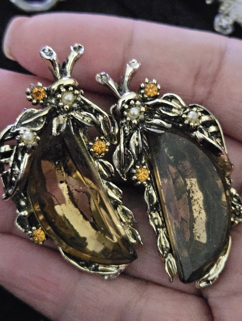 Vintage Gold-Tone Amber Crystal Bugs  Earrings - Women Jewelry